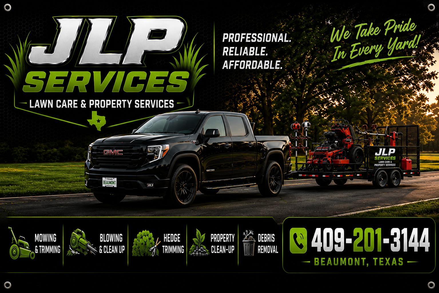 JLP Services GMC truck, lawn-care trailer and equipment